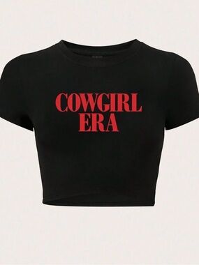 SHEIN Black Crop Tee with Red "COWGIRL ERA" Print